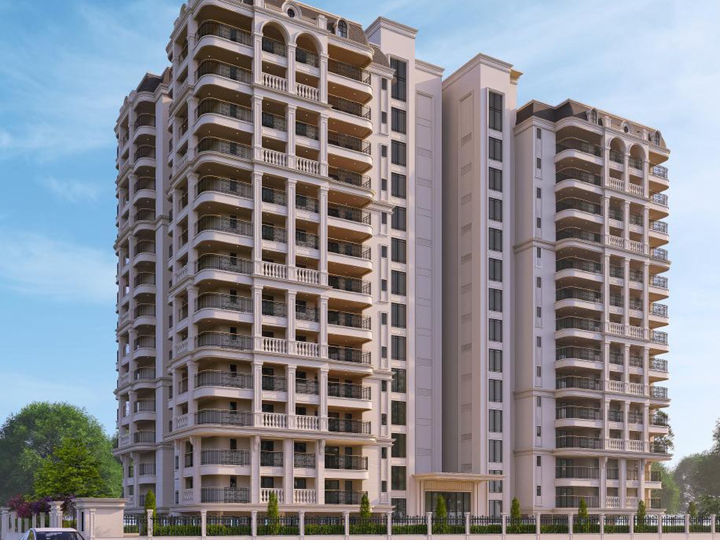 Artistic impression of the Rohit Avenue tower seen from the corner, showing the arched upper-floor balconies and the entrance canopy