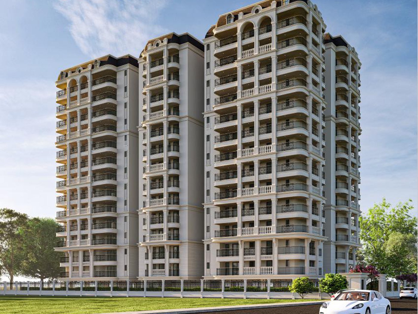 Artistic impression of the Rohit Avenue tower in daylight with the boundary wall and entrance gate