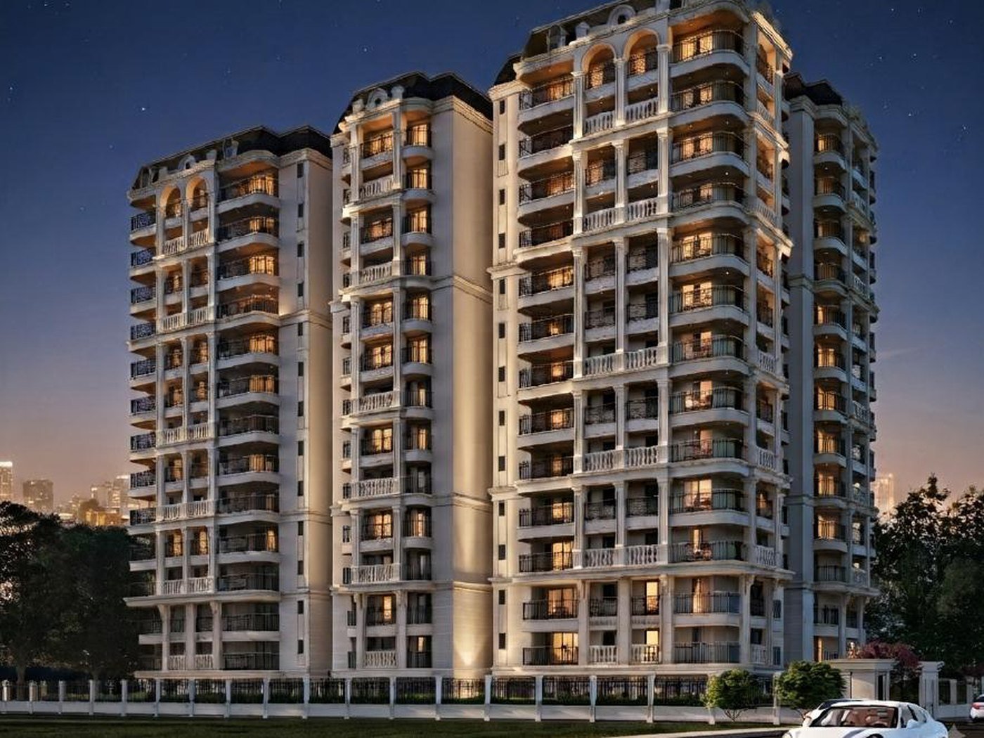Artistic impression of the Rohit Avenue tower at dusk showing the arched top-floor balconies