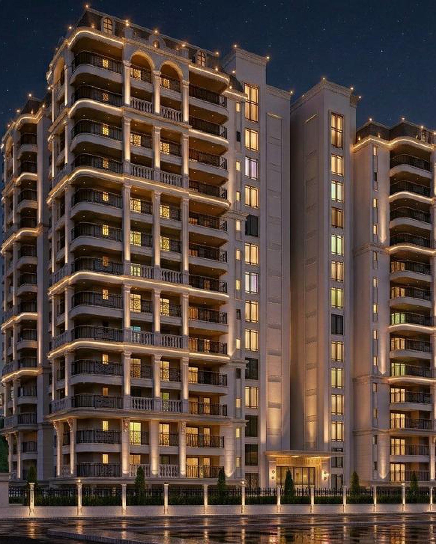 Artistic impression of the Rohit Avenue residential tower lit at night, Sector-10A, Vrindavan Yojana, Lucknow