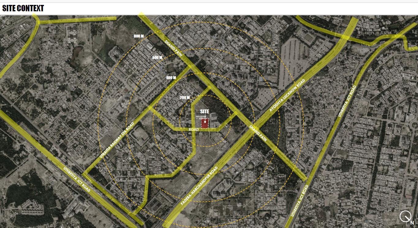 Site context drawing from the brochure showing the Rohit Avenue plot with 200, 400, 600 and 800 metre radii, Shahid Path, Ayodhya Lucknow Road, Utrethia Junction Road, Utraitia Railway Station and Fatehpur Harchandpur Road