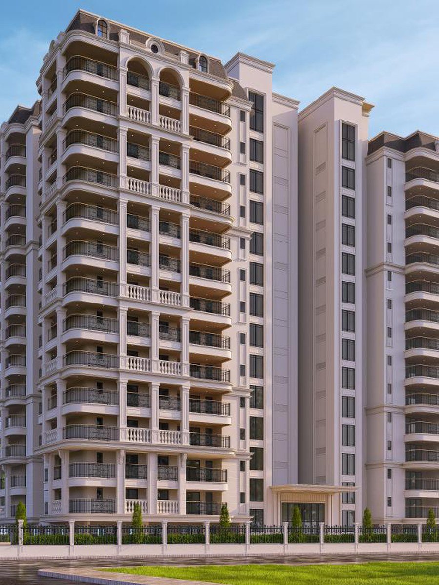 Artistic impression of the Rohit Avenue tower seen from the corner approach road, Vrindavan Yojana, Lucknow