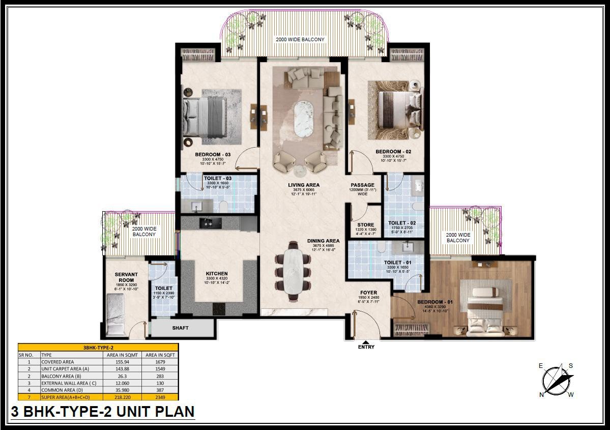 3 BHK Type-2 unit plan with entry, living and dining area, three bedrooms, kitchen, store, servant room with toilet, three toilets, three 2000 mm wide balconies and the area table