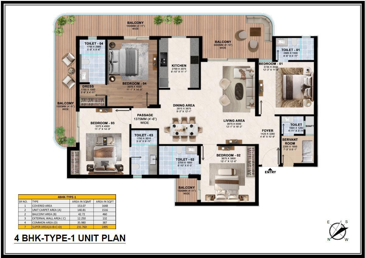 4 BHK Type-1 unit plan with entry, living and dining area, four bedrooms, dress, kitchen, servant room with toilet, five toilets, 1500 mm and 3000 mm wide balconies and the area table