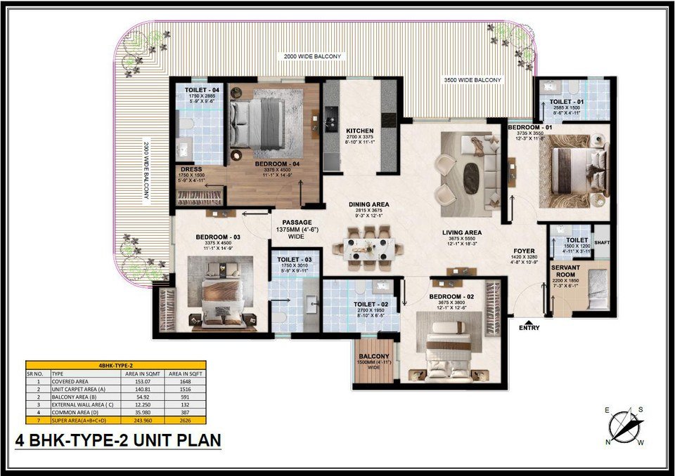 4 BHK Type-2 floor plan at Rohit Avenue: living and dining, four bedrooms, kitchen, servant room, five toilets and wide wrap-around balconies