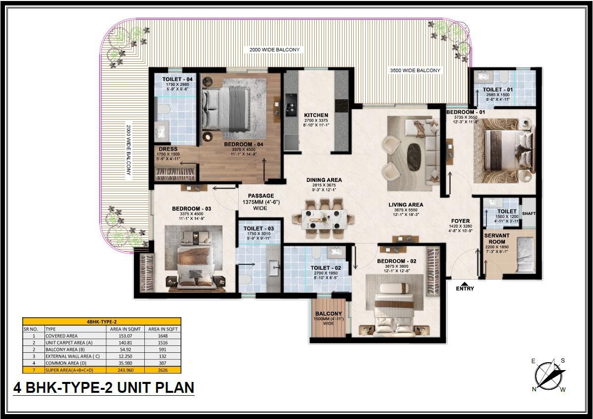 4 BHK Type-2 unit plan with entry, living and dining area, four bedrooms, dress, kitchen, servant room with toilet, five toilets, 2000 mm and 3500 mm wide balconies and the area table