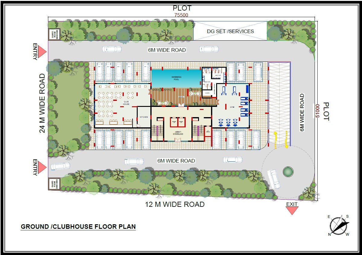 Ground and clubhouse floor plan showing the swimming pool, club house, gym, entrance lobby, guard rooms and the 24 metre, 12 metre and 6 metre wide roads around the plot